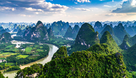 Panoramic view of karst mountains and Yangshuo riverの素材
