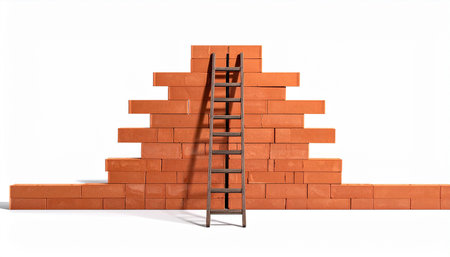Ladder and brick wall on white background. 3D illustration.の素材