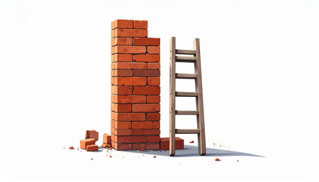 brick wall with ladder isolated on white background. 3d illustrationの素材