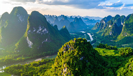 karst mountains landscape at sunset in Guilin, China.の素材