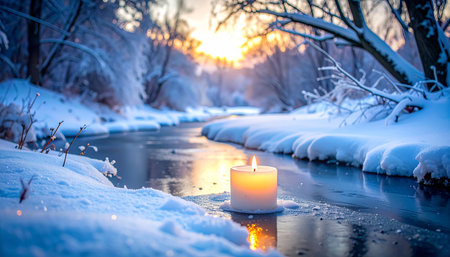 A candle burns in the snow on the banks of the river.の素材