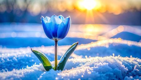 Beautiful blue tulip in snow at sunset. Nature background.の素材