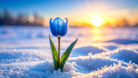 Beautiful blue tulip in the snow at sunset. Nature background.の素材