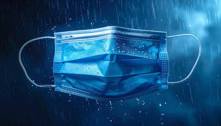 Blue medical mask in the rain. Coronavirus concept.の素材