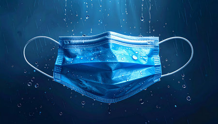 Blue medical mask under water with rain drops on dark blue background.の素材
