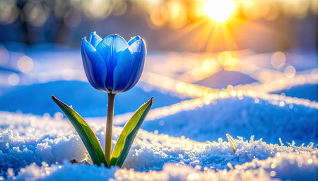 Blue tulip on the snow in the rays of the setting sunの素材