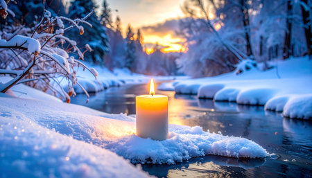 Beautiful winter landscape with a burning candle on the background of a snowy sunsetの素材