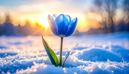 Beautiful blue tulip in the snow on a background of sunsetの素材