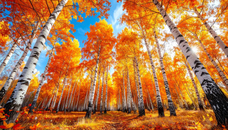Autumn forest. Beautiful autumn landscape with birch forest and skyの素材