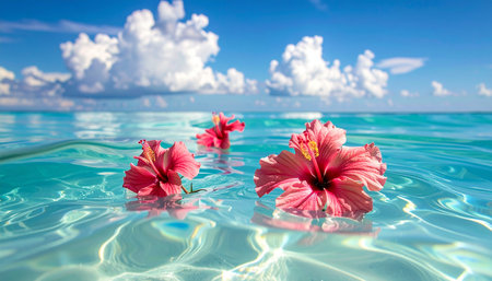 Beautiful pink hibiscus flowers floating in turquoise waterの素材
