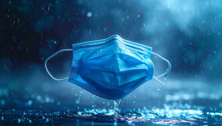 Blue medical mask against the background of the rain. The concept of protection against coronavirus.の素材