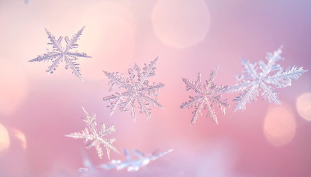 Snowflakes on a pink background with bokeh effect.の素材