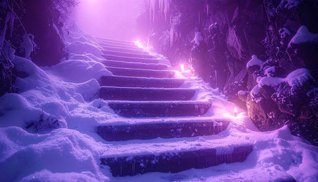 Staircase in the mountains covered with snow and illuminated by a lanternの素材
