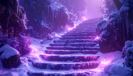 staircase in the winter forest with purple light, 3d renderの素材