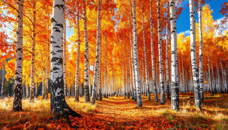 Autumn birch forest with yellow and red leaves in sunny dayの素材
