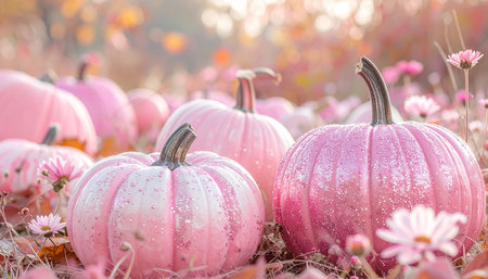 pink pumpkins on the autumn field with pink flowers and leavesの素材
