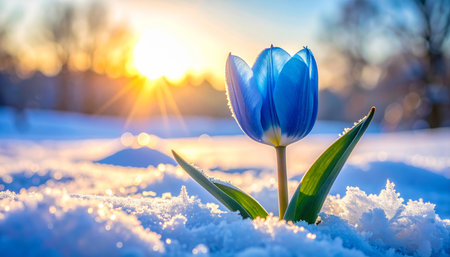 Beautiful blue tulip flower in the snow on sunset background.の素材