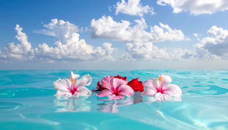 Pink and red hibiscus flowers in swimming pool with blue skyの素材