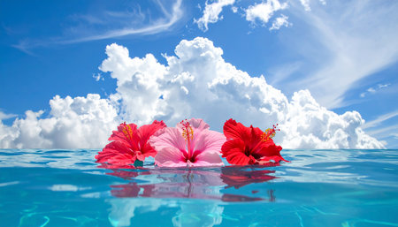 Hibiscus flowers floating in the water with blue sky backgroundの素材