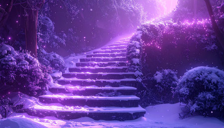 Snowy stairs in the forest at night, 3d render.の素材