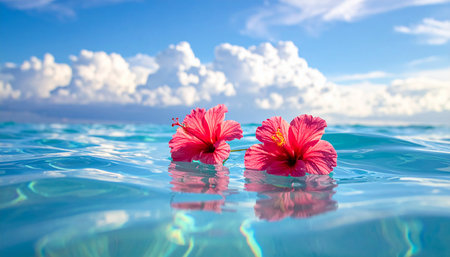 Hibiscus flower floating in the sea water with blue sky backgroundの素材