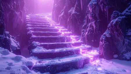 staircase in the mountains in winter with neon light. 3d renderingの素材