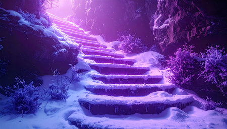 staircase in winter forest, closeup of photo with violet lightの素材