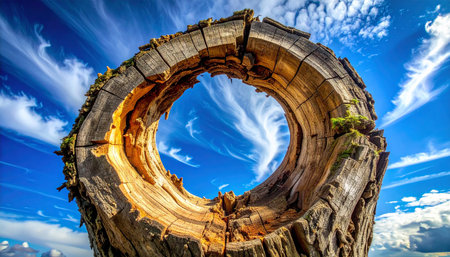 Wooden ring in the form of a circle against the blue skyの素材
