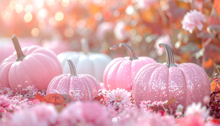 pink and white pumpkins on the background of the autumn landscapeの素材