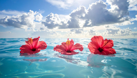 Red hibiscus flower in the water with blue sky backgroundの素材