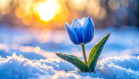 Beautiful blue tulip flower in the snow. Spring background.の素材