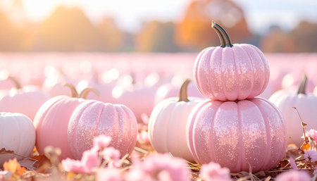 pink and white pumpkins on the field in the autumn seasonの素材