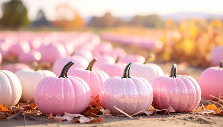 Pumpkin patch on sunny autumn day. Colorful pumpkinsの素材
