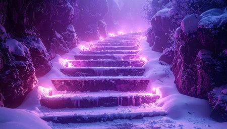 Staircase in the winter forest, 3d rendering. Computer digital drawing.の素材