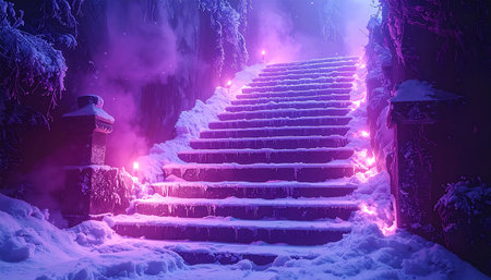 Staircase in the winter forest at night. 3d renderingの素材