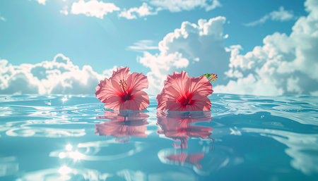 Two pink hibiscus flowers floating on the surface of the waterの素材