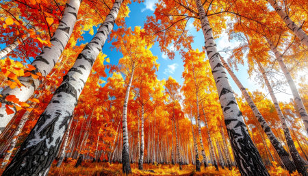 Beautiful birch grove in the autumn forest. Nature backgroundの素材