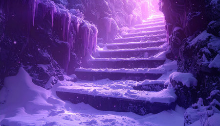 Fantasy winter landscape with stairs in the forest. 3d renderingの素材