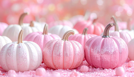 pink and white pumpkins on pink background with bokehの素材