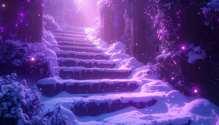 snowy stairs in the night forest, 3d render illustrationの素材