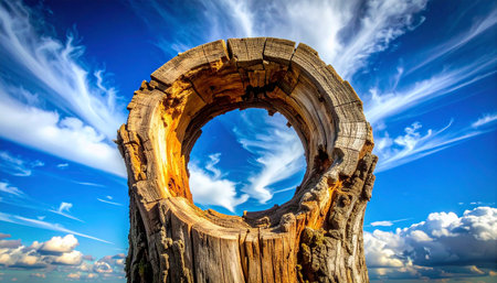 Old stump with a hole in the center against the blue sky.の素材