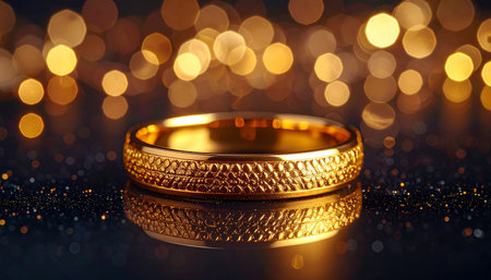 Wedding gold rings on bokeh background, close upの素材