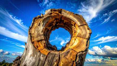 Hole in a tree trunk with blue sky in the background.の素材