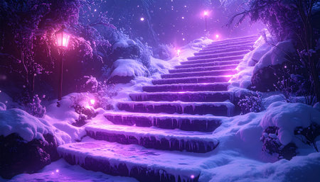 Winter night scene with stairs covered with snow and glowing lanterns.の素材