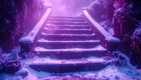 Snowy stairs in the park at night. Winter landscape with snow.の素材
