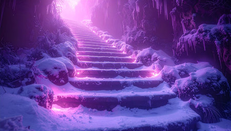 Staircase in winter forest with glowing neon lights. 3D renderingの素材