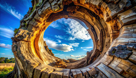 View through a hole in a tree trunk in the middle of the fieldの素材