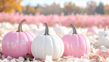 pink and white pumpkins in the autumn field with fallen leavesの素材