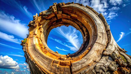 Wooden rings in the form of a ring against the blue skyの素材