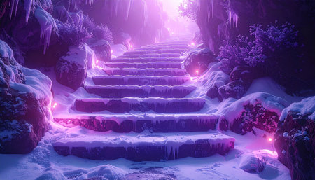 Stairway to the light in the winter forest. 3d renderingの素材